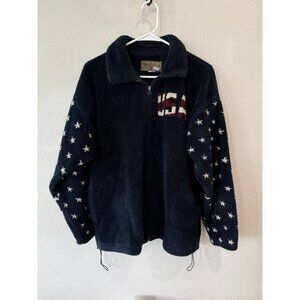 Vintage Bear Ridge Jacket Mens Medium Navy Blue Fleece USA Flag Stars Patriotic